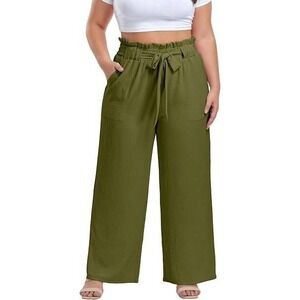 Olrik Wide Leg Pants Women 4X Olive Green Paperbag Waist Tie Belt Textured